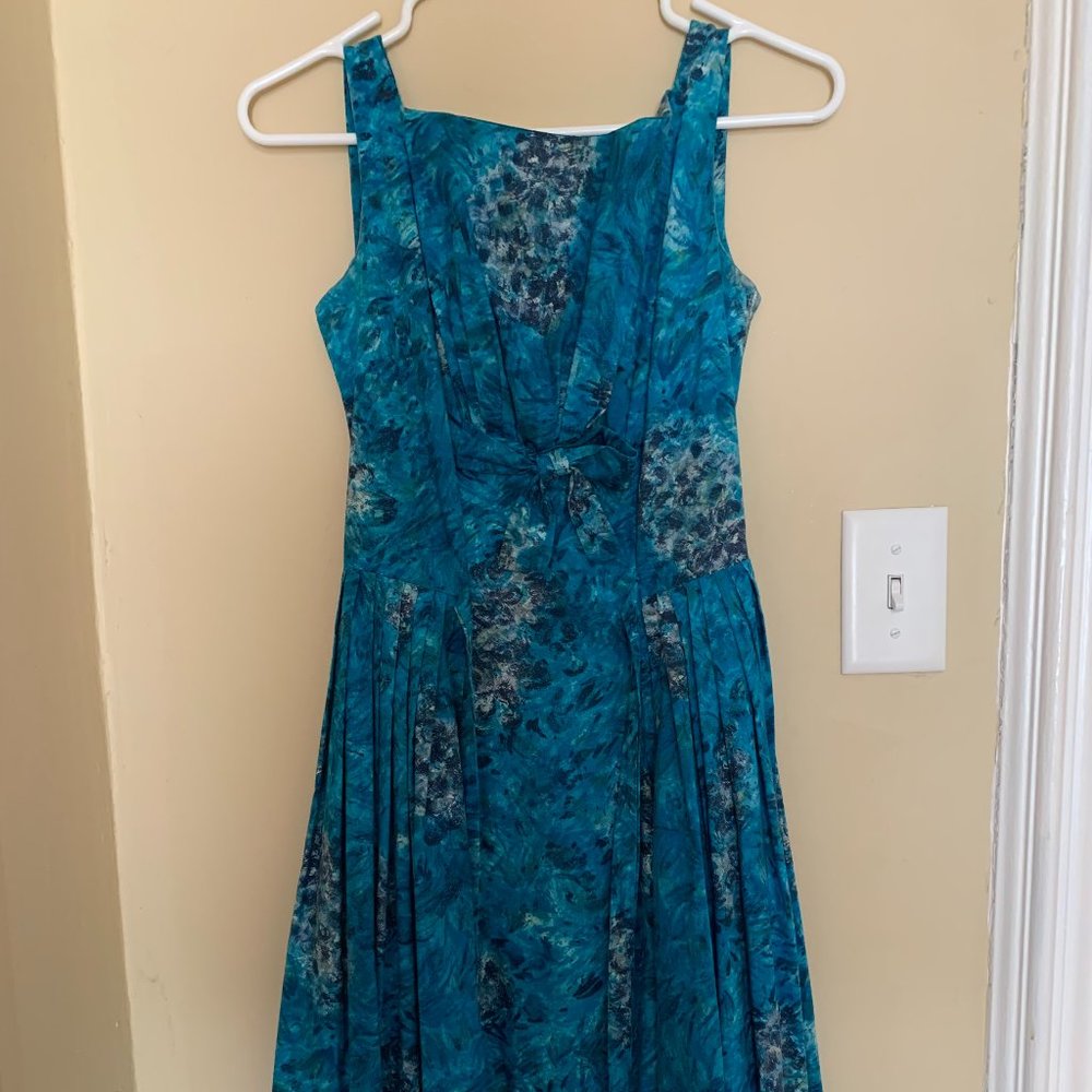 Vintage 1960s Betty Draper-Style Turquoise Midi Dress